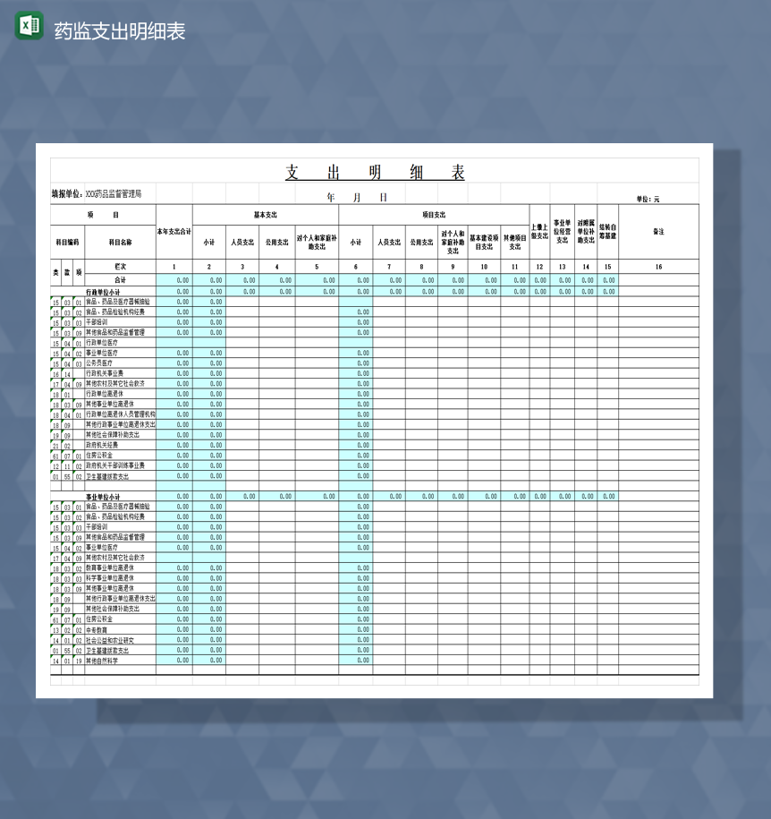 药监支出财务会计财政明细表Excel模板