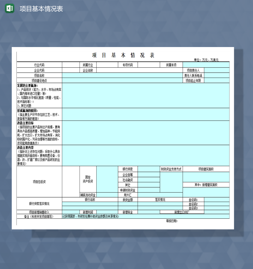 公司产品项目基本详情明细表Excel模板