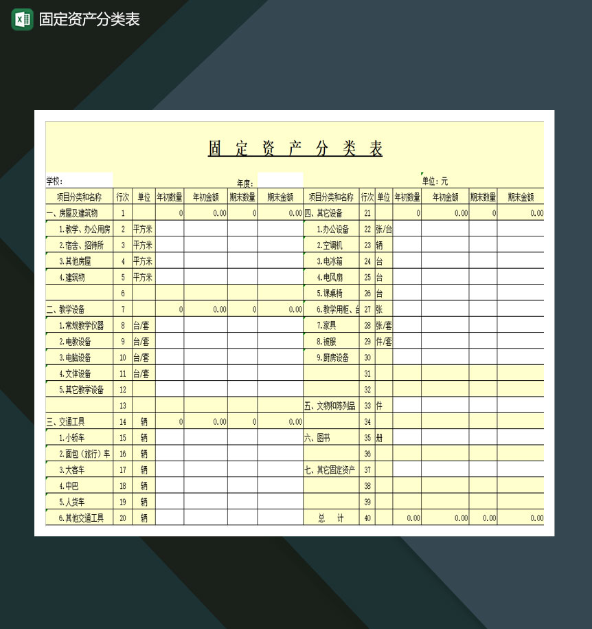 固定资产分类表Excel模板-1