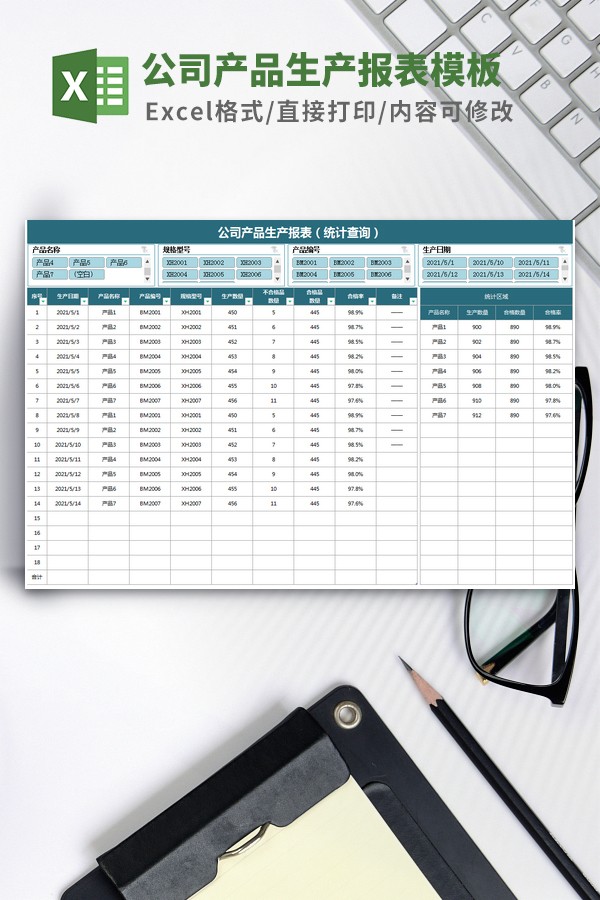 公司产品生产报表（统计查询）Excel模板