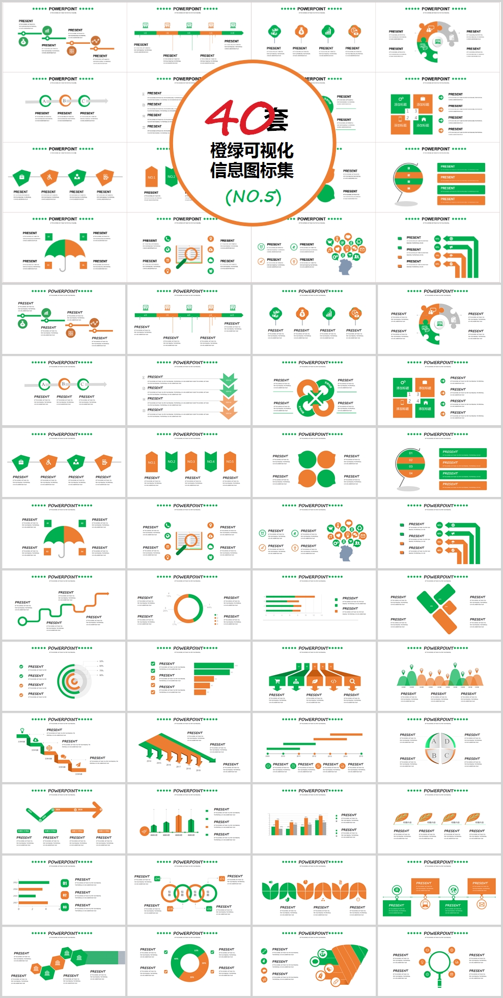 40套橙绿信息可视化图表集PPT模板