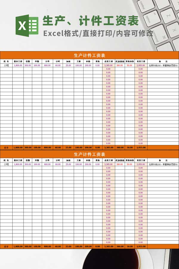 生产计件工资表(带公式)Excel模板