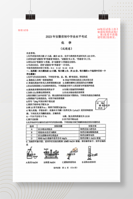 2023年中考安徽化学试卷+答案解析(图片版)