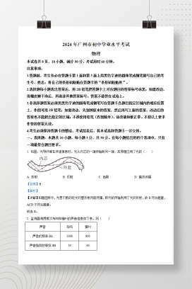 2024年中考广东省广州市物理真题+答案解析（Word版）