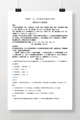 2025年中考四川省泸州市物理试题+答案解析Word版