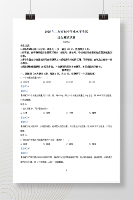 2025年中考上海市物理试题(回忆版)+答案解析Word版